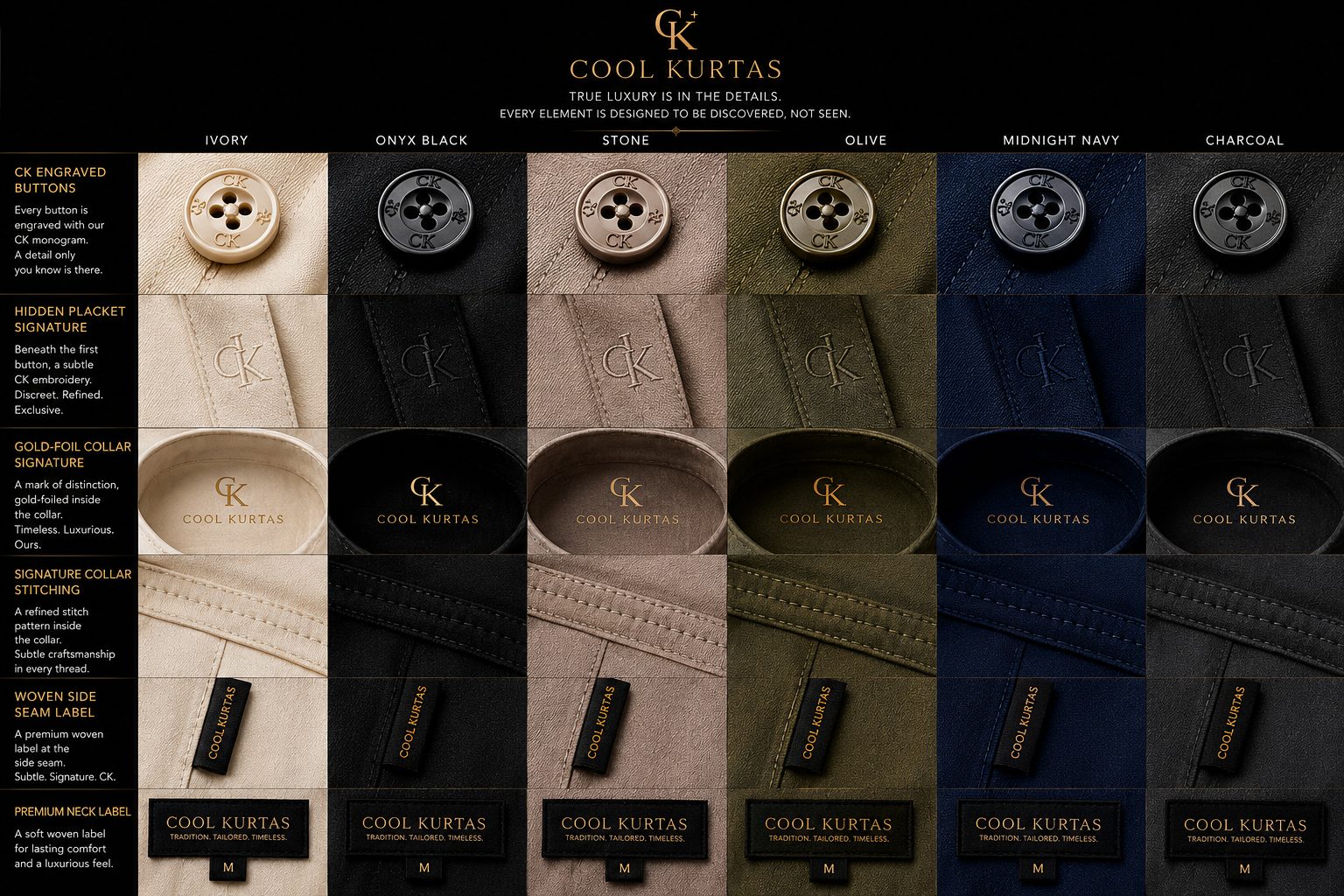 True luxury is in the details — CK engraved buttons, hidden placket signature, gold-foil collar, signature stitching and woven labels across all six colours